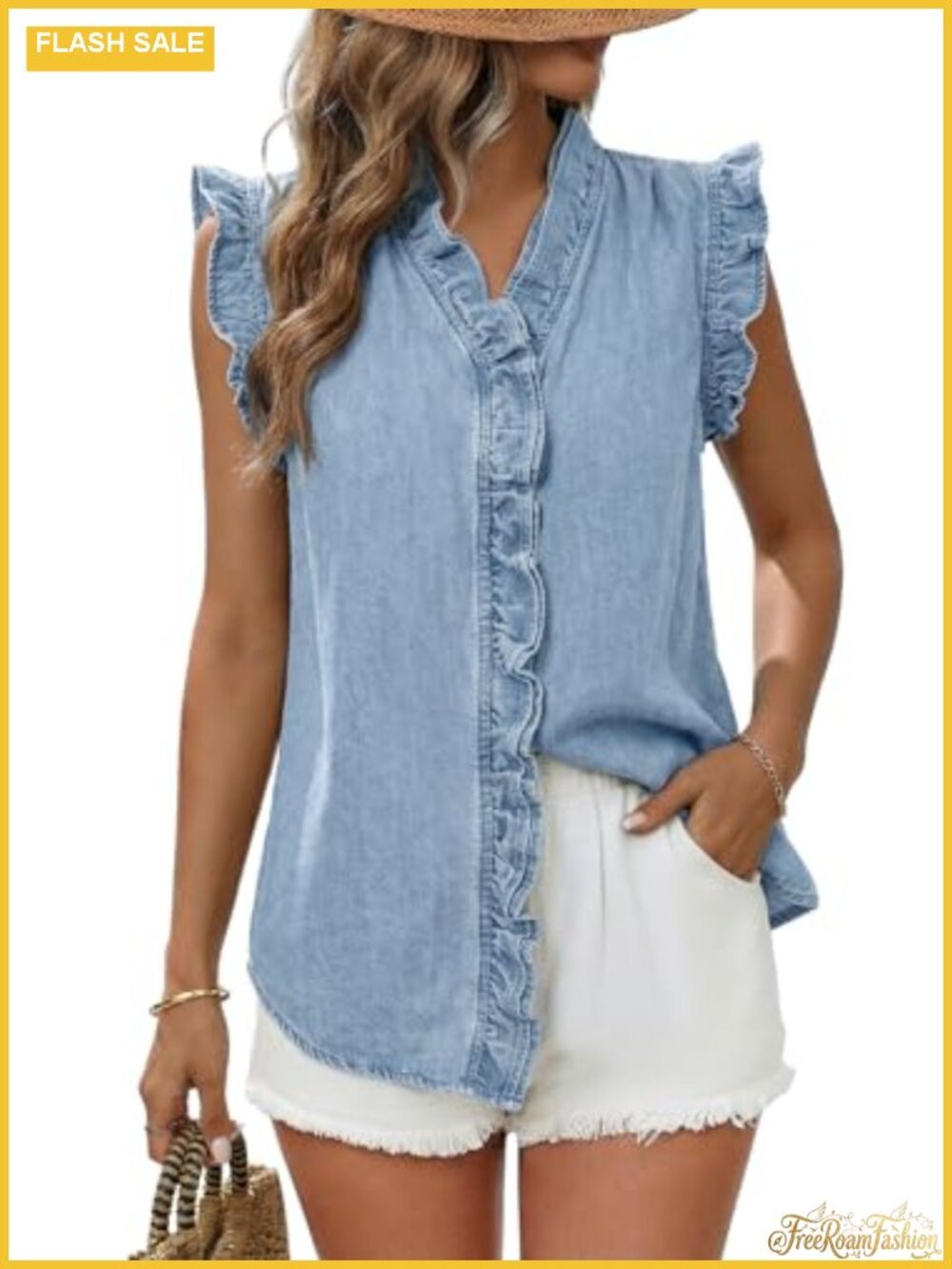 Sleeveless Denim Vest Women Button Up Jean Vest Ruffle Hem